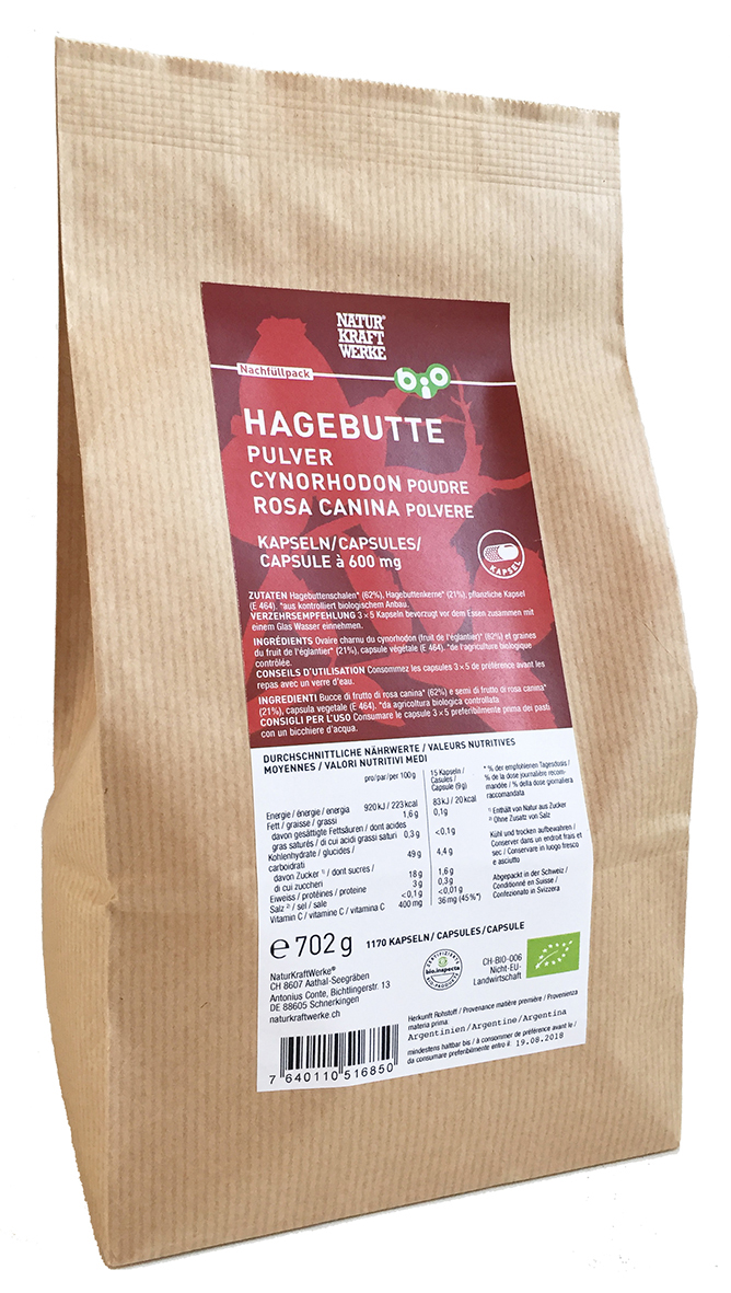 Hagebutte_1170_Kapseln_NFP_RGB Hagebutte Pulver 1170 Vegicaps à 600 mg Beutel BIO/kbA