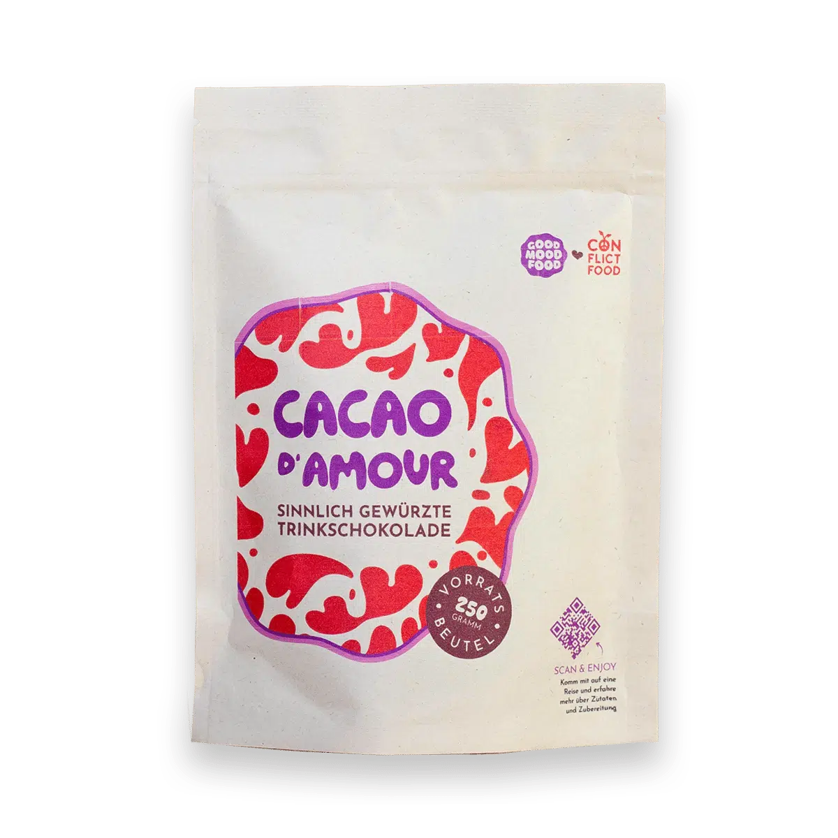 CONFLICTFOOD_CacaoDAmour_Vorratsbeutel_mitSchatten Conflictfood Cacao D'Amour Trinkschokolade 250 g